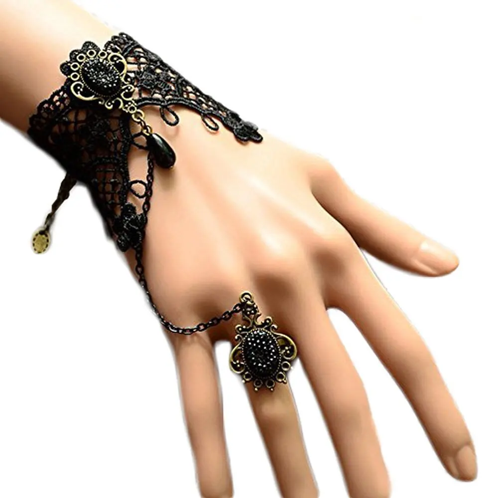 LUCKSTAR(TM) 2PCs Women Fashion Gothic Retro Style Bracelet Wrist Band with Rose Ring and Black Lace for Christmas Gift Halloween Masquerade Party Prop