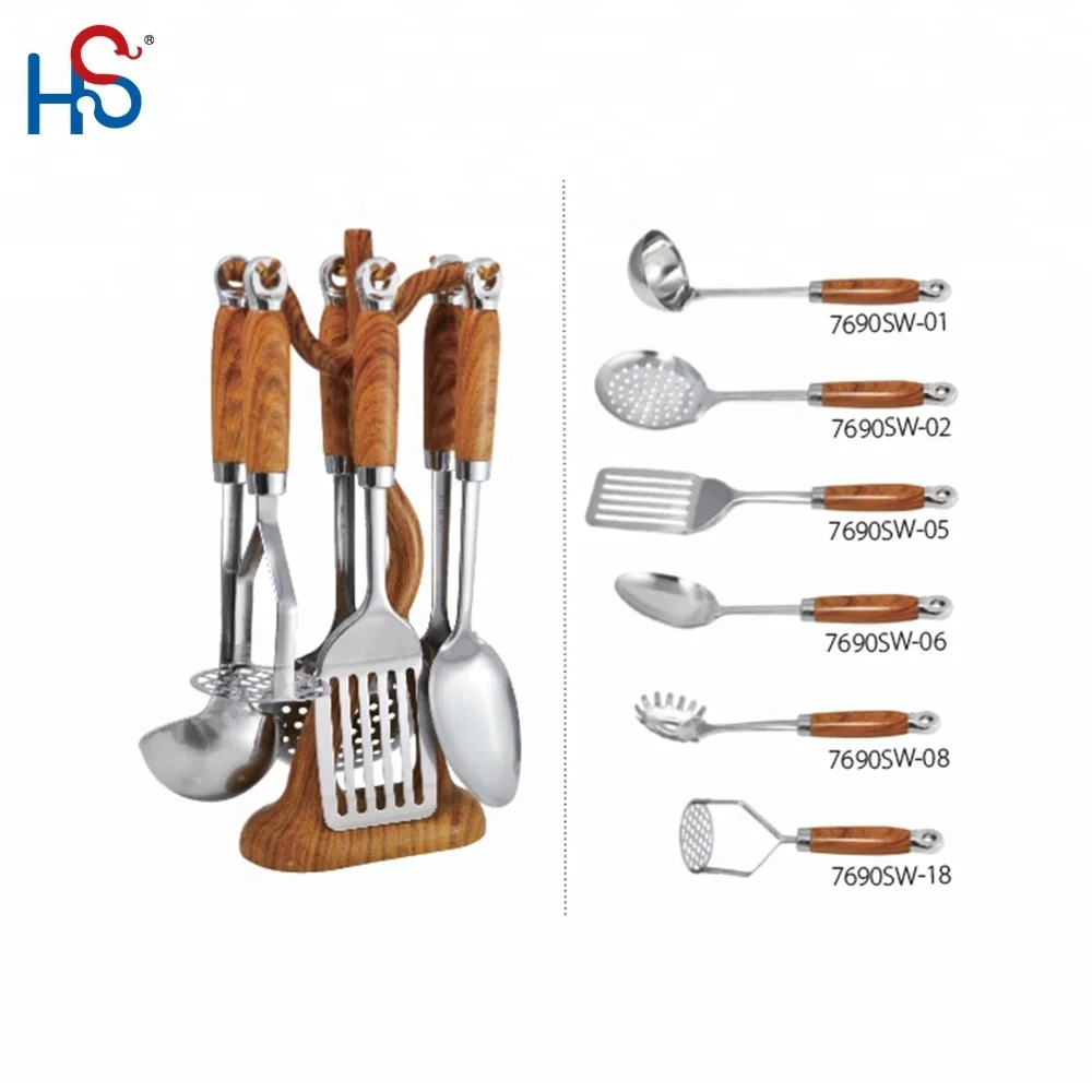 Stainless Steel Kitchen Wood Utensils With Wooden Color Handle Hs7690sw