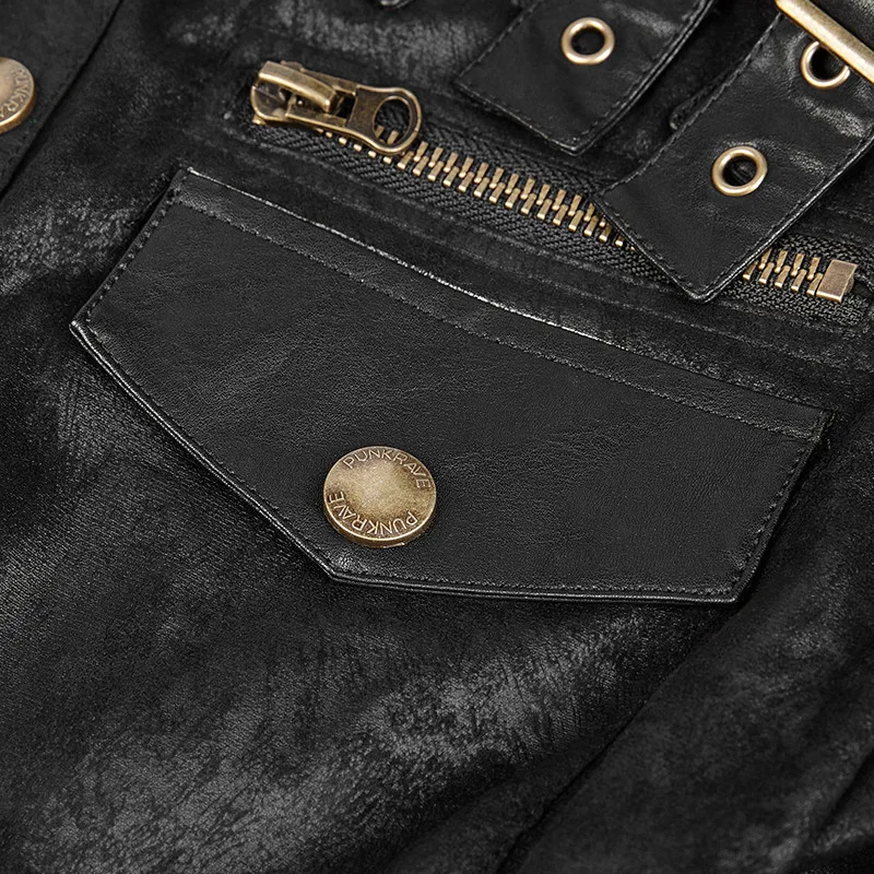 Y-740 Heavy Metal Punk Texture Shoulder PU Coating Long Sleeve Shirt