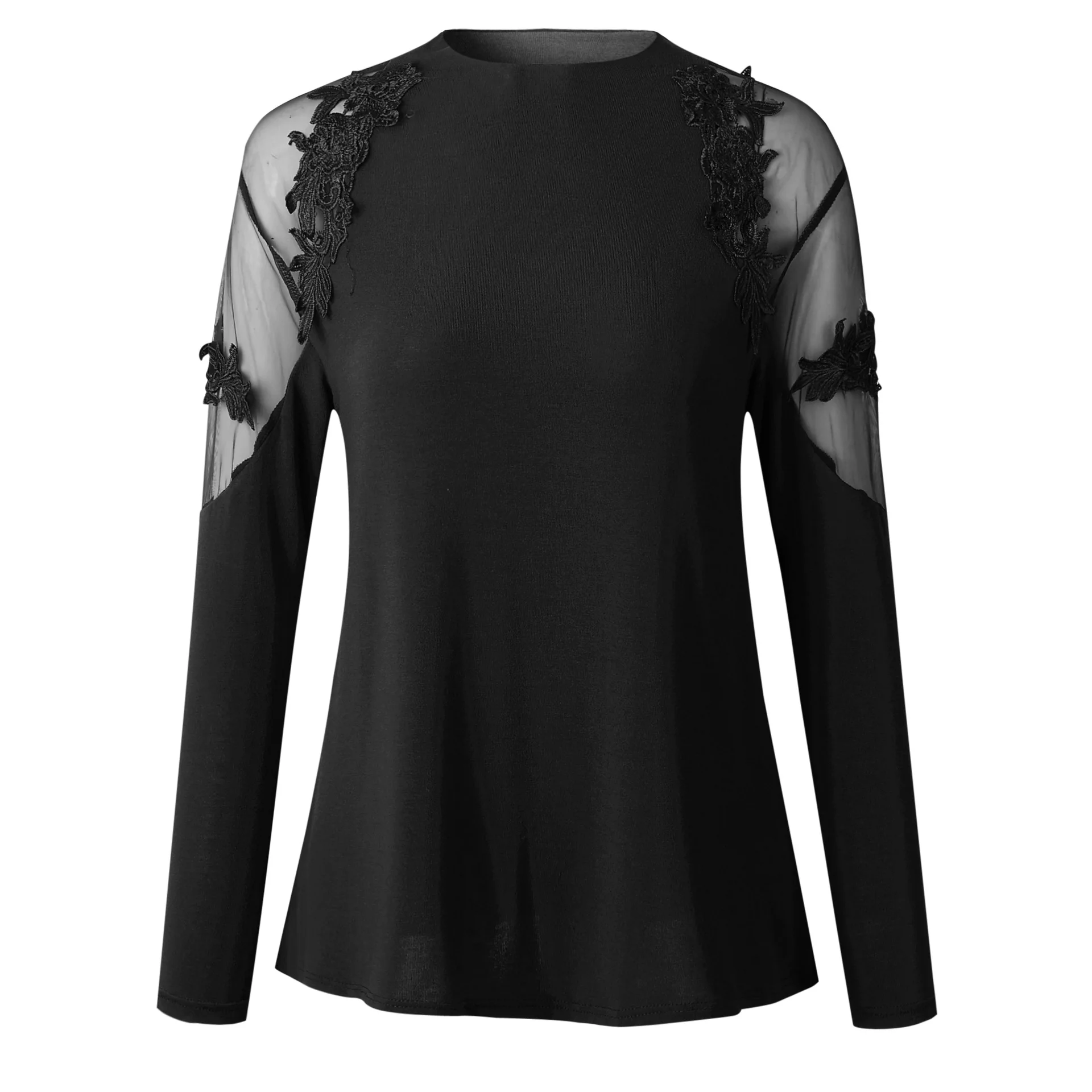 Sexy Black Lace Blouse Women Stand Collar Long Sleeve Sheer Top Shirt Casual Blouses Mesh Tops 4883