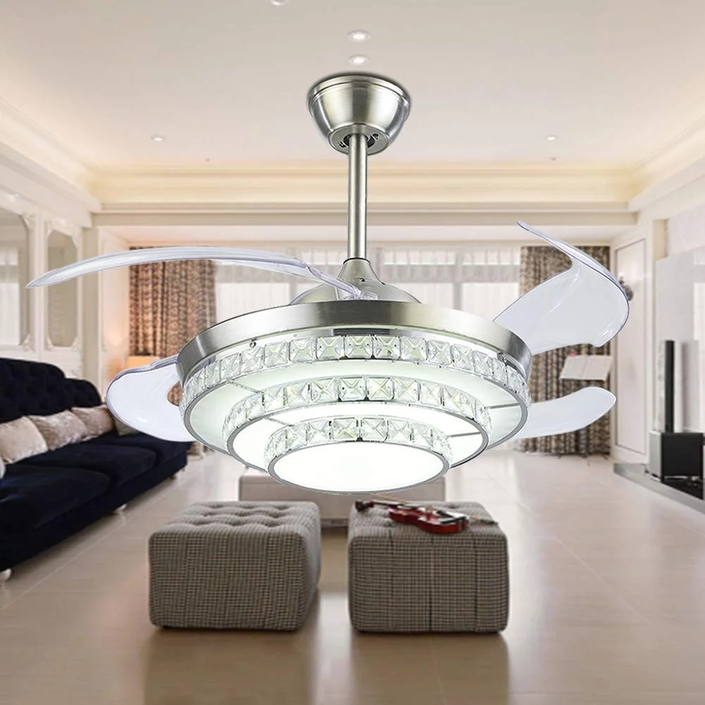 Remote Silver 42" Crystal Invisible Ceiling Fan Light LED Chandelier Fan Lamp 