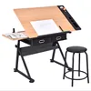 Height Adjustable Drafting Draft Desk Drawing Table Desk Tiltable Tabletop w/Stool and Storage Drawer for Reading, Writing Art C
