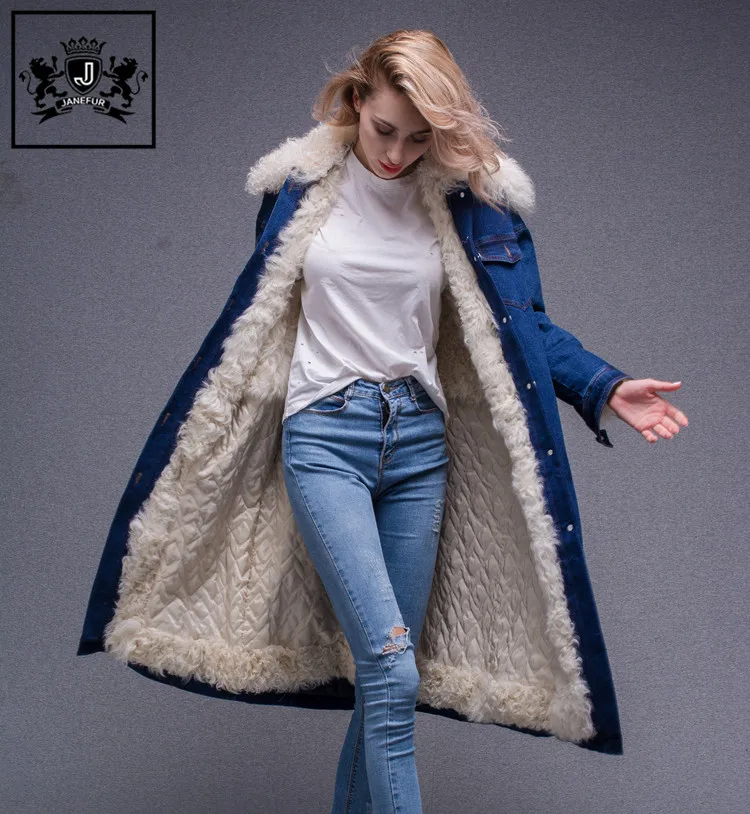 jaqueta jeans com lã de carneiro feminina
