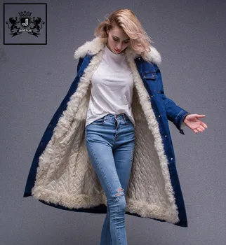 jaqueta jeans feminina com pelo de carneiro