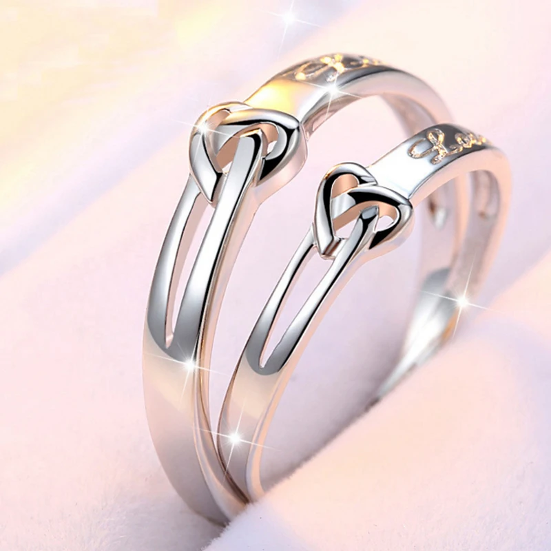 Wholesale Hot Selling Lovers Jewelry Adjustable Solid Silver Wedding Rings Couple Resizable 925 Heart Love Knot Ring