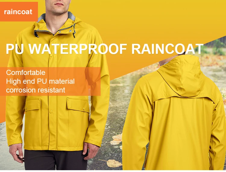 Men's Hooded Long Pu Rain Jacket Windbreaker Lightweight Waterproof ...