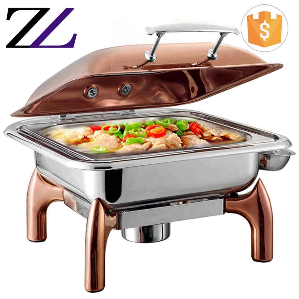 Chinese Restaurant Equipment Commerical Price Shafing Dish Glass Lid Liquid Fuel Copper Chafing
