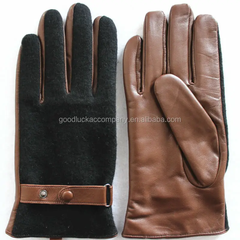 Brown leather gloves with cloth fabric on the back for men