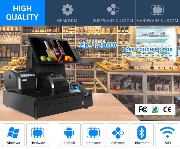 Caisse enregistreuse électronique tout-en-un, système de caisse, écran tactile 14.1 pouces, windows/android, pour supermarché