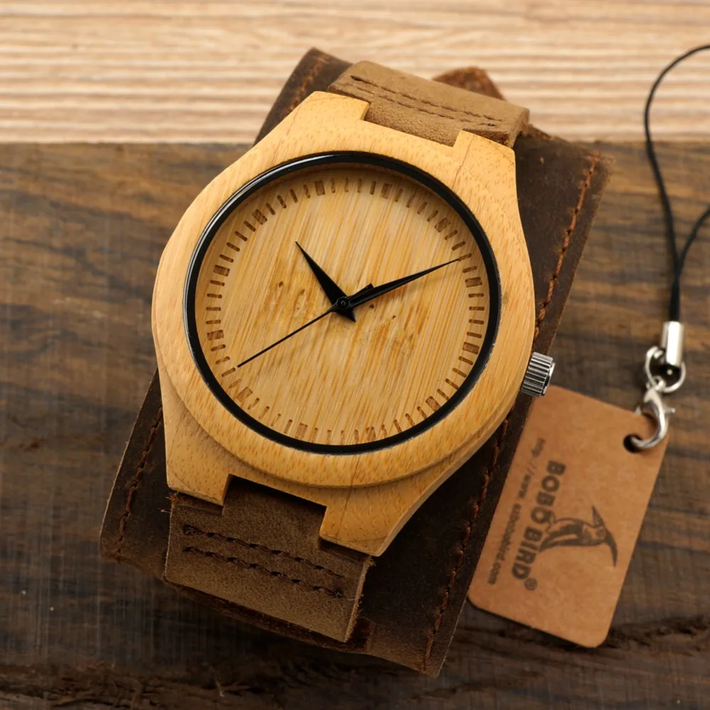 Bobobird Men Watch Natural Bamboo Japanese Quartz Wooden Dial Wide Genuine Leather Band Wrist Watch Brown