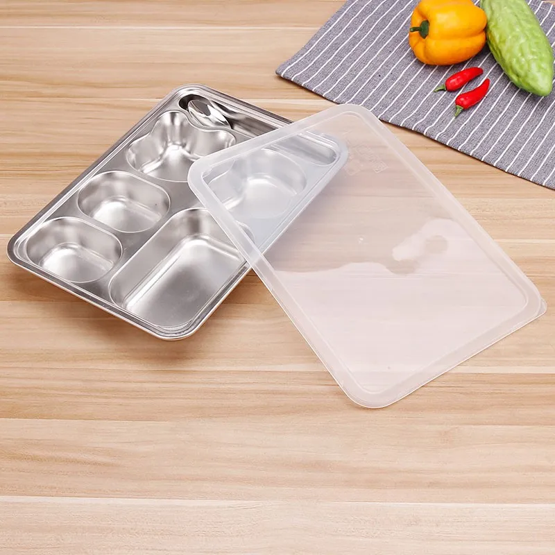Rectangle 5 Compartment Plate Canteen Cafeteria Stainless Steel Fast