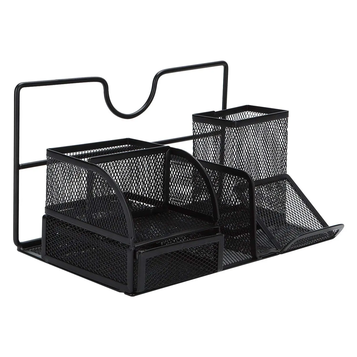 TOROTON Mesh Office Supply Caddy with Drawer, Metal Desk Organizer Storage Rack, Pen/Pencil Holder and Smartphone Holder - Black