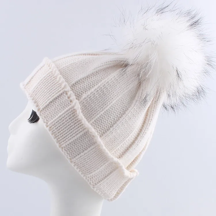 Wool Beanie Hats With Fluffy Real Natural Raccoon Fur Pom Poms Many ...