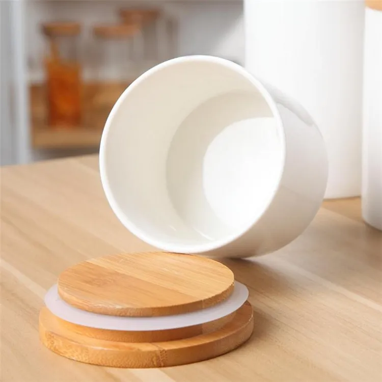 Bamboo cover cylinder shape unique kitchen white ceramic  canister sets for food storage 
