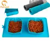 Pet folding double bowl velvet bag easy to carry pet storage bowl green cat bowl