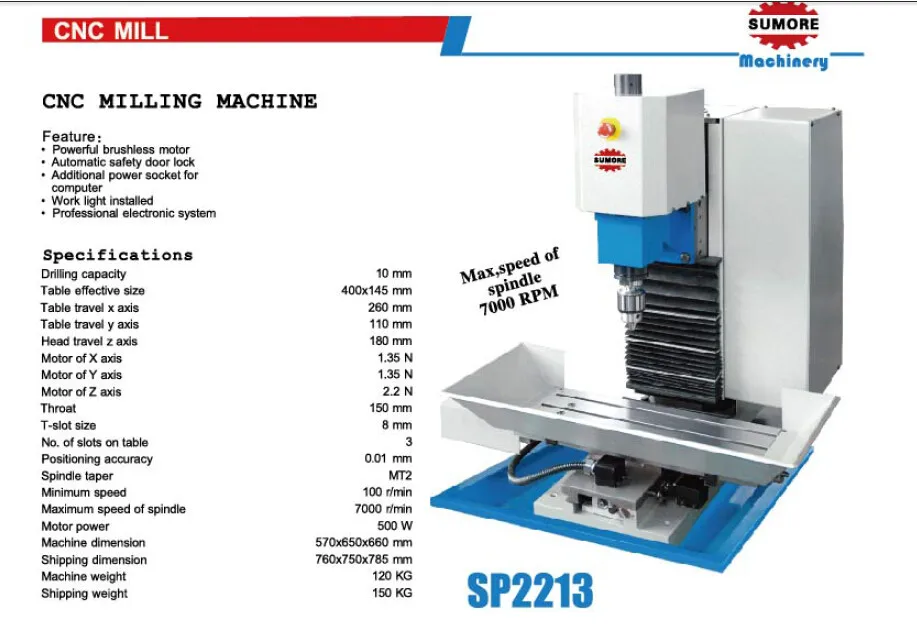 competitive price xk7130 metal mini hobby CNC milling machine SUMORE SP2213 with high quality