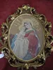Madonna & Child, Virgin Mary Needlepoint Tapestry Carved Frame Ca 1810