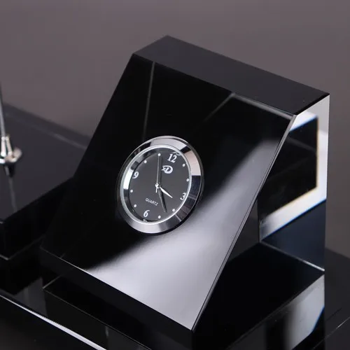 New Design Black Crystal Office Stationery Set With Clock/pen Holder