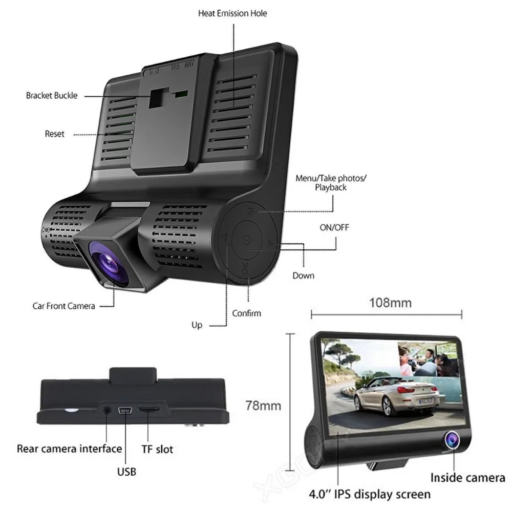 Podofo 4.0 Inch 3 Lens Car Black Box Dash Cam Hd 1080p 170 Degree Wide ...