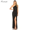 Elegant black one shoulder dress maxi sequins side slit bodycon dress with floor length