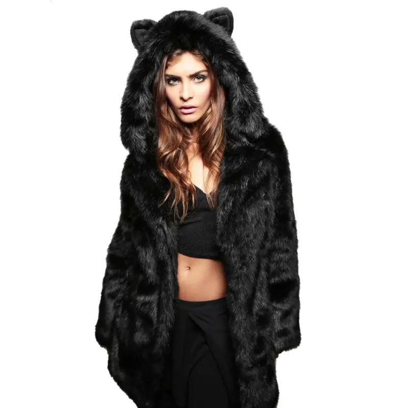 Fashion Winter Women Faux Fox Fur Coat Hooded With Cat Ears Thick Warm Long Sleeve Black Fake Fur Jacket gilet fourrure