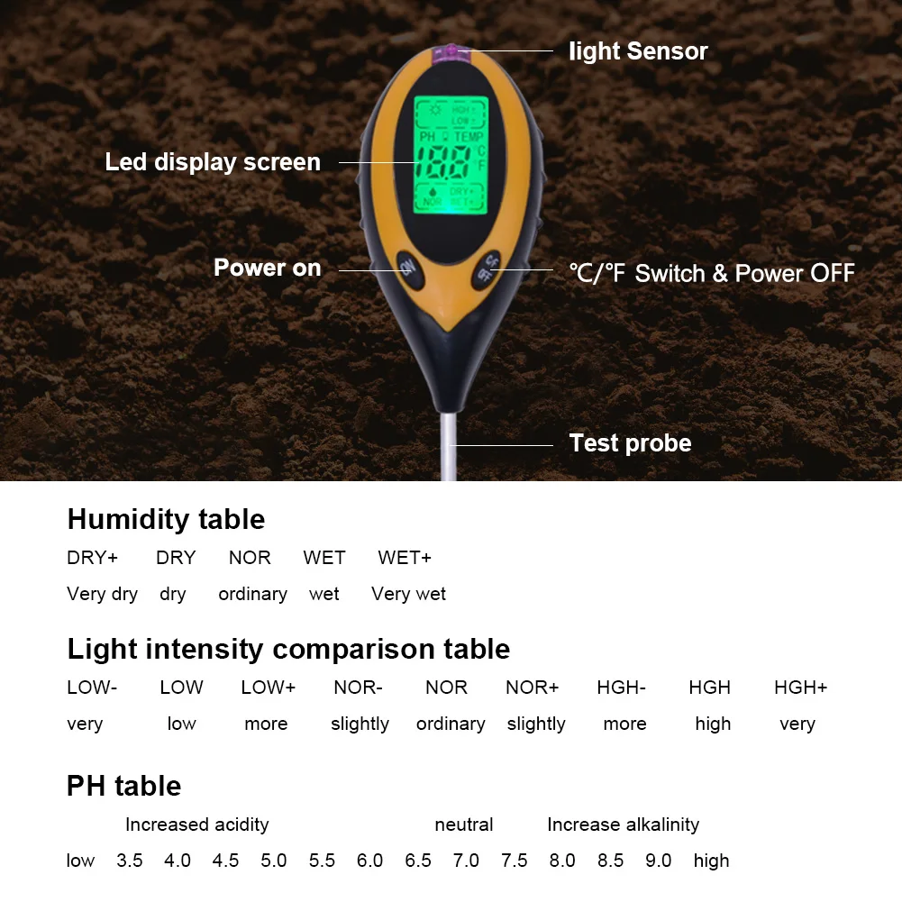 Hot Sale Digital 4 in 1 Soil PH Meter Professional LCD Display Temperature Moisture Sunlight PH Garden Plants Soil Tester Meter