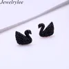 Elegant Black Crystal Paving Pied Swan Stud Earrings Rose Gold Jewelry