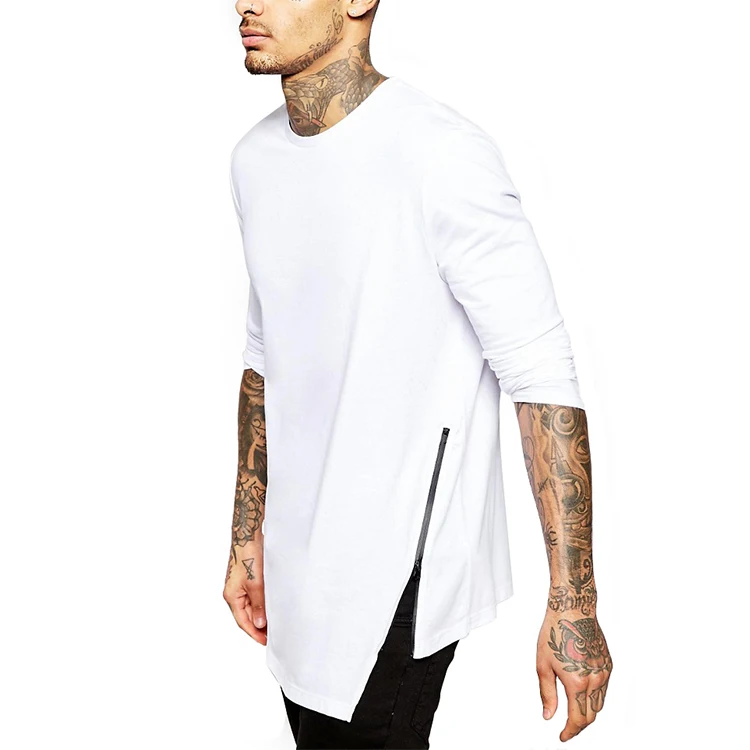 Custom Streetwear Side Zipper Asymmetrical White Blank Custom Longline T Shirt - Buy Zipper T 