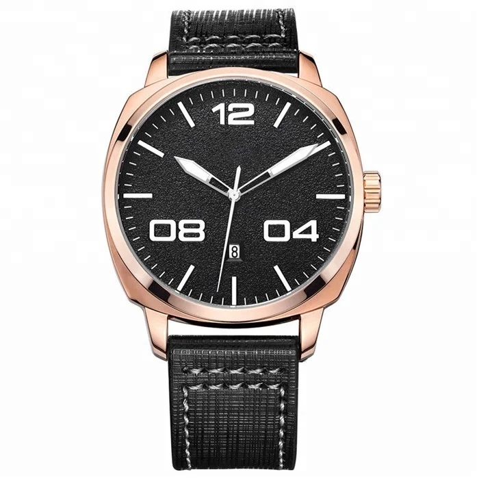 ip 镀蓝色锌合金表壳皮革手表男士石英双时间手表