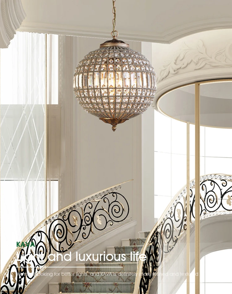 European luxury  golden crystal round iron art restaurant porch pendant lamp