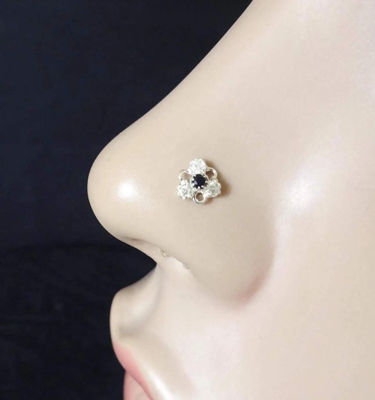 Black Stone Nose Stud,Silver Diamond Piercing,Indian Nose Stud,Silver Nose Cuff,Monroe Nose Ring,Tiny Gold Piercing,Wedding Nose Screw,CZ Clear Nose Stud,Crock Screw Nose Stud ( TEJ702)