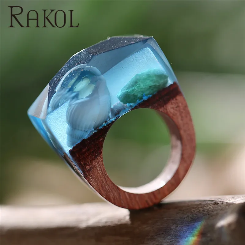 Rakol Beauty Blue Color Seabed Conch Natural Landscape Wood Rakol Beauty Blue Color Seabed Conch Natural Landscape Wood Resin Ring