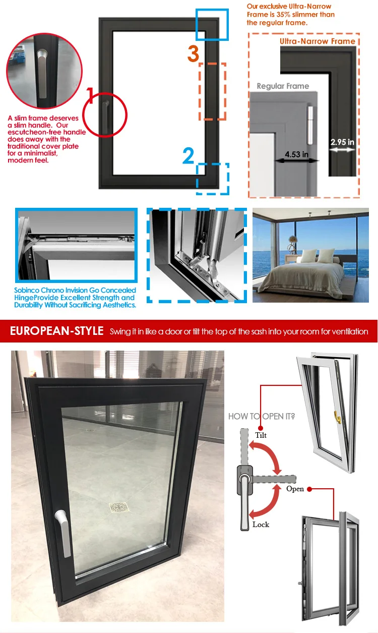 Latest Design Two Way Open aluminum profile Tilt And Turn Casement Glass sample window