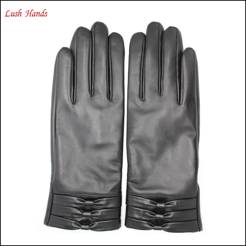 women leather gloves & mittens with bow and Palm elastic