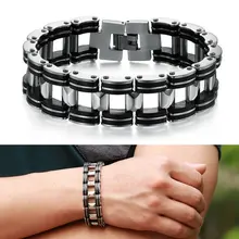 Hot Men Silver Stainless Steel Bracelets Black Rubber Motorcycle Biker Chain Link Bracelet PY1