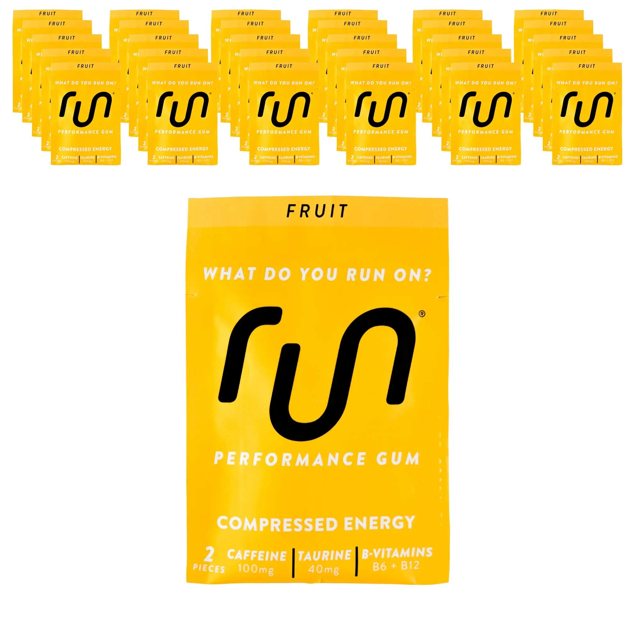 RUN GUM Fruit Energy Gum 50mg Caffeine Taurine & B-Vitamins (30pk), 2 Pieces = 1 coffee/Energy drink, Quick Energy Boost