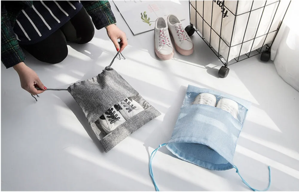 Customised Printed Organic Drawstring Shoe Bags Washable Cotton