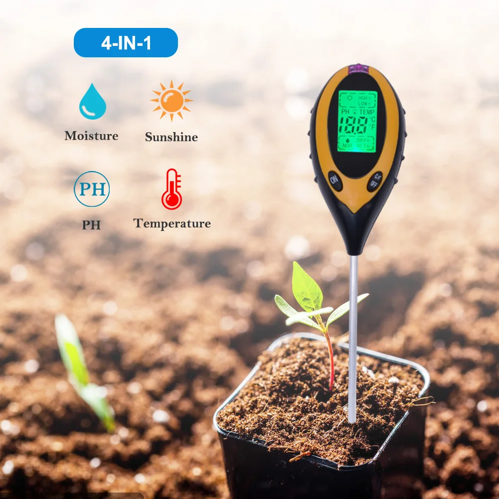 Hot Sale Digital 4 in 1 Soil PH Meter Professional LCD Display Temperature Moisture Sunlight PH Garden Plants Soil Tester Meter