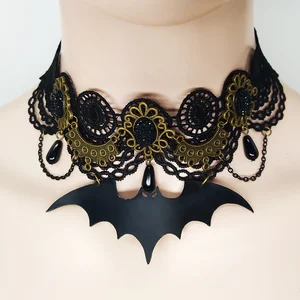 HALLOWEEN HANDMADE CARNIVAL PARTY FANCY GOTHIC DRESS LACE WITH BLACK JEWELRY AND BAT AND METAL CHAIN NECKLACE