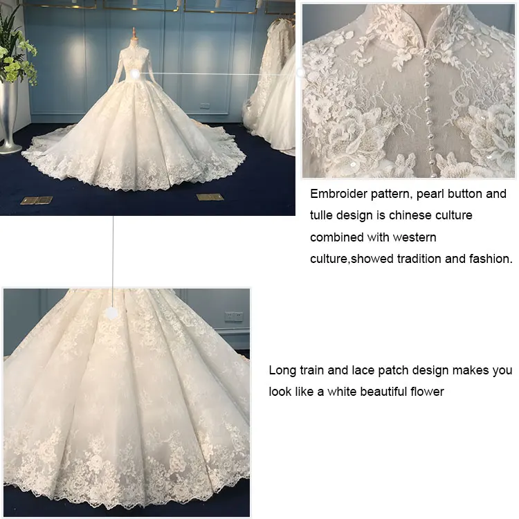 High collar lace patch 150 cm train muslim bridal wedding dress/high collar wedding dress/lace patch wedding dress/muslim bridal wedding dress