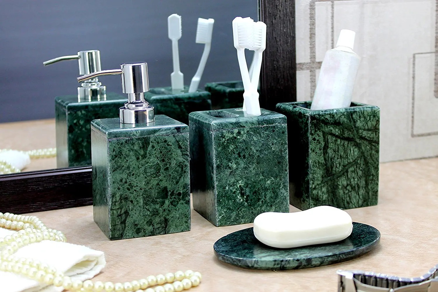 Bath Accessories Set of 4 Includes Soap Dispenser, Toothbrush Holder, Tumbl...