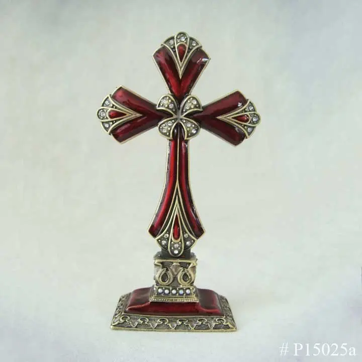 Silver Tone Pearl White Enameled & Crystal Jeweled Tabletop Cross