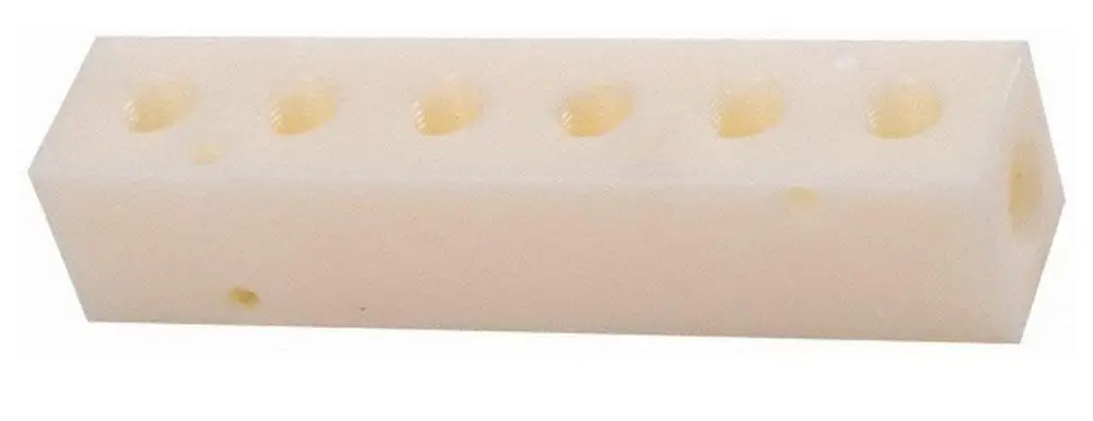 1/4" Inlet, 1/8" Outlet, Nylon Manifold, 4-3/4" Long x 1" Wide x 1" High, 0.17" Mounting Hole Diam, 8 Ports, 2 Inlet Ports, 6 Outlet Ports