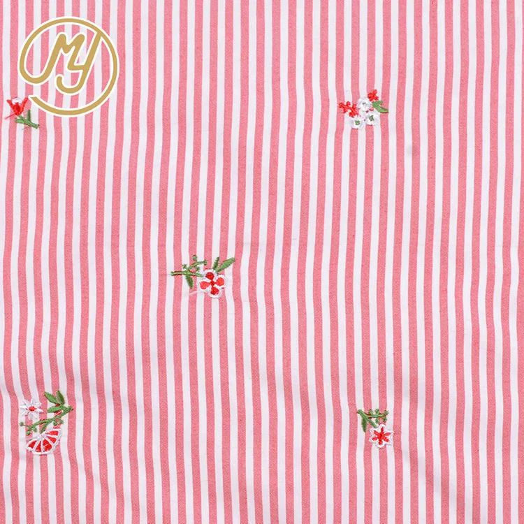Factory Direct Red And White Stripe Pretty Flower Embroidered Cotton Fabric