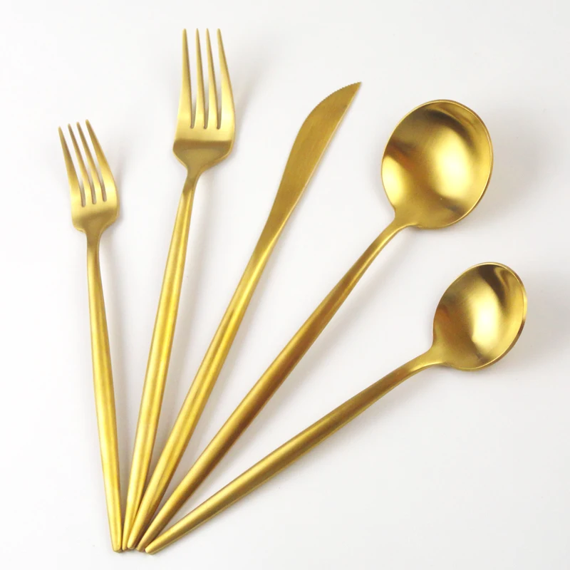 Matte Gold Cutlery Sets European Style Golden Plated Fkatware Set With Black White Blue Pink