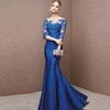 2019 Mermaid Satin Prom Dresses Evening Dresses Lace long Shoulder Dress Silky Blue Women Formal Part Gown Red Night Gown