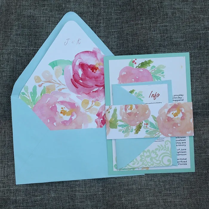 watercolor floral printed wedding invitation with linned envelope