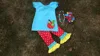 2016 new hot baby girls blue apple white dot capri set outfits with matching necklace and bow