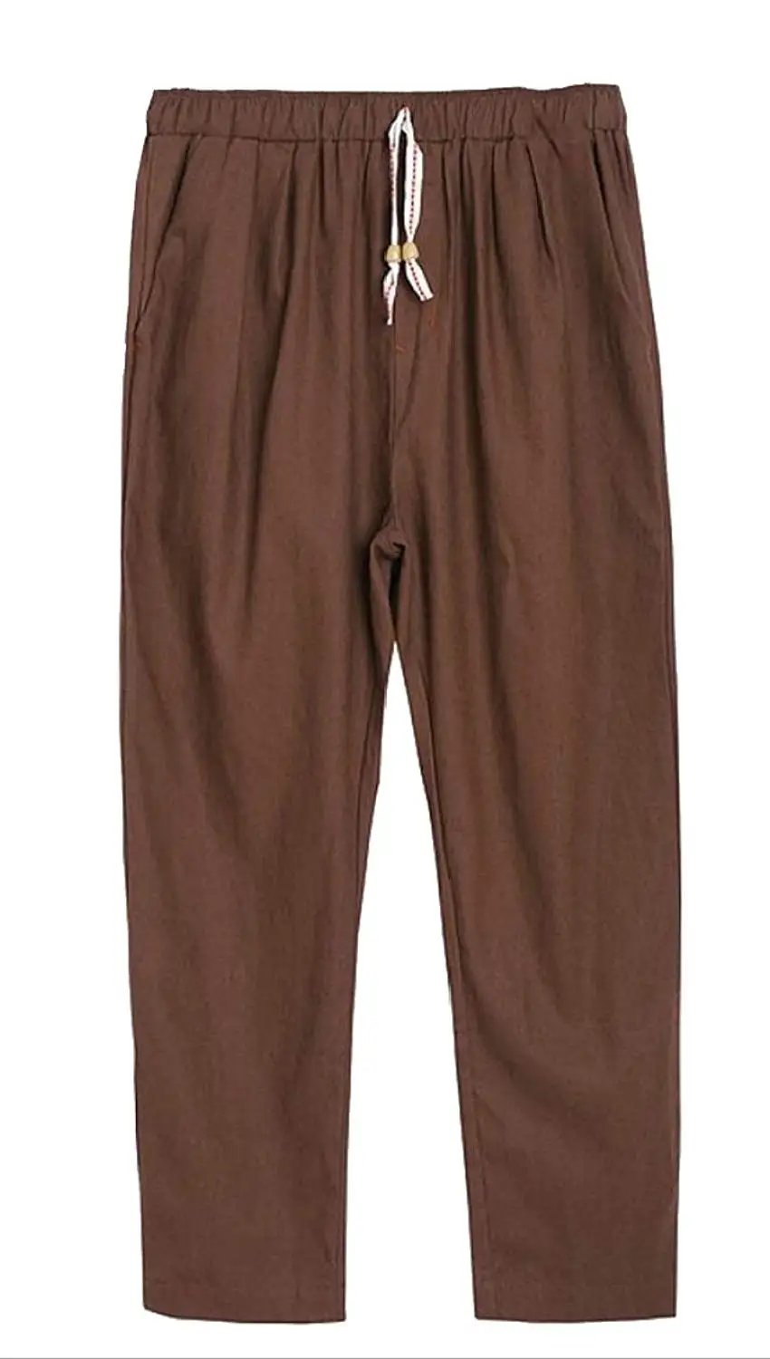 Gocgt Mens Fitted Elastic Waistband Cotton Linen Drawstring Pants Trousers