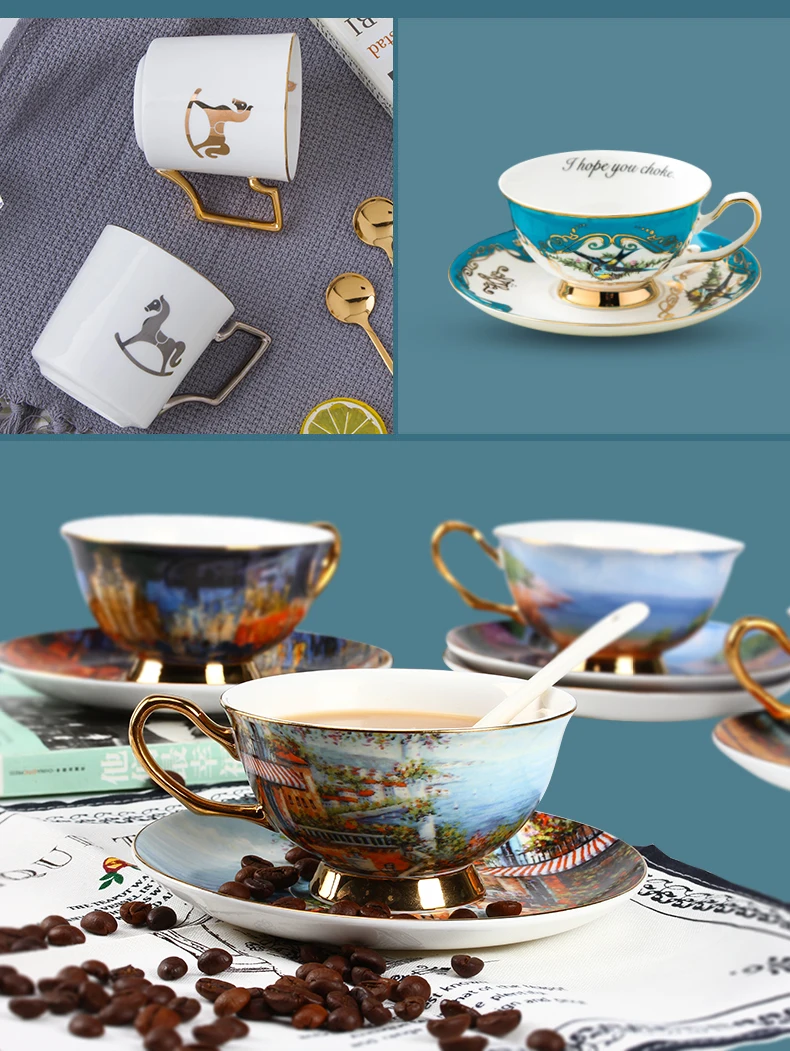 Gold Rim Tea Cup Saucer Elegant Fine Bone China Shinny 2 Colors Tea Cup